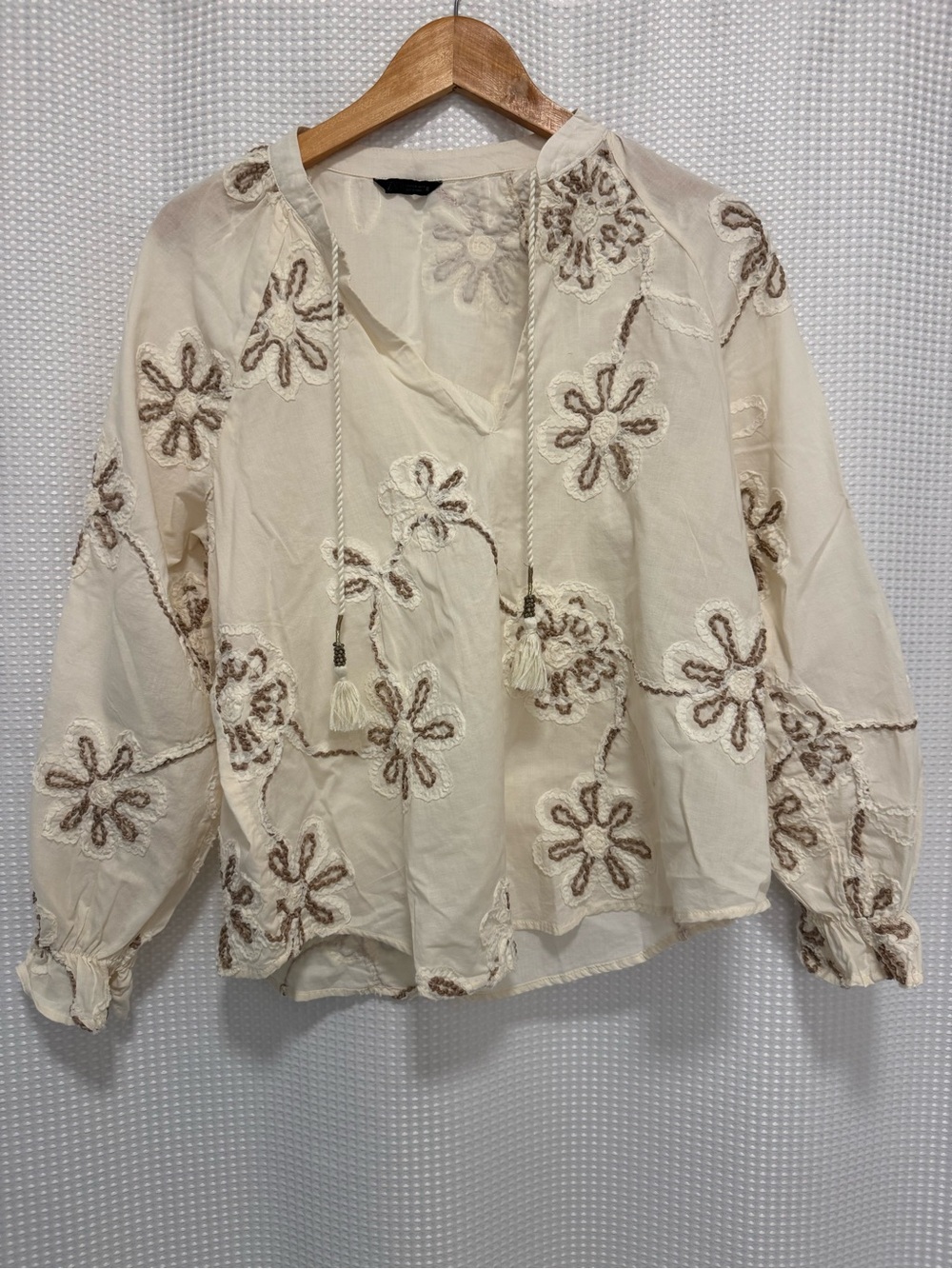 Zara Cream Embroidered Peasant Blouse with Tan Floral Accents